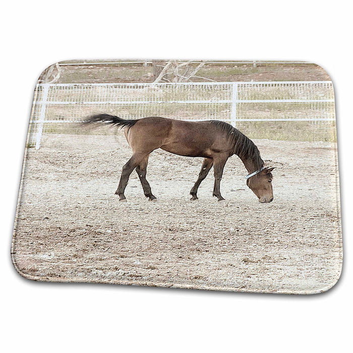 Dish Drying Mat - Brown Horse With Black Mane and Tail with Its Head to Ground and Its Tail Blowing in Wind Realistic