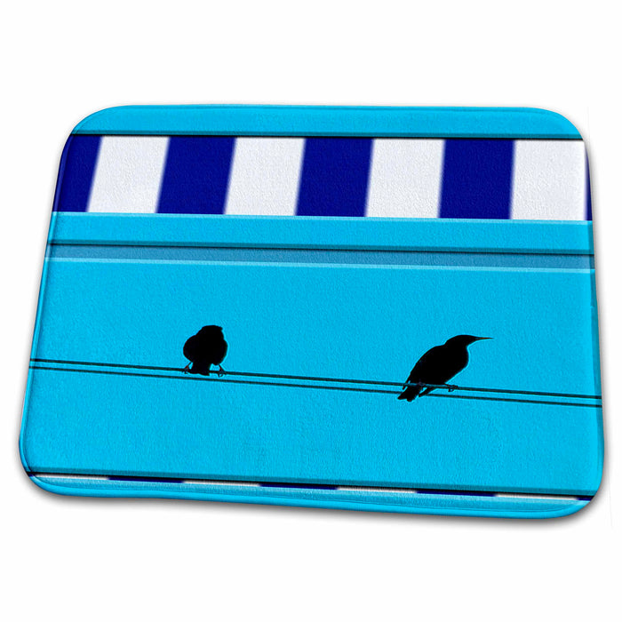 Dish Drying Mat - Two Birds on Electrical Wire With Azure Sky Behind and Blue and White Stripes to Add Interest Realistic