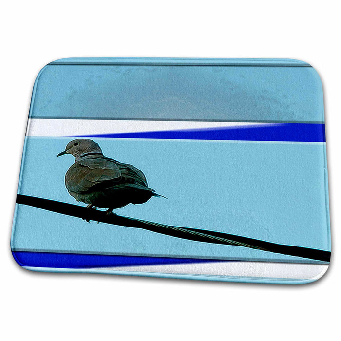 Dish Drying Mat - Big Bird on Electrical Wire With Azure Sky Behind and Blue and White Stripes to Add Interest Realistic