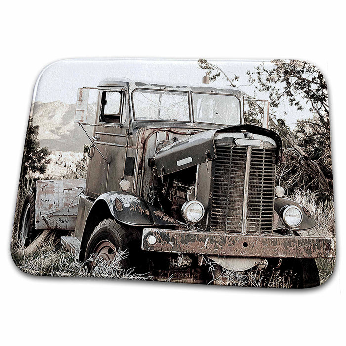 Dish Drying Mat - Old Truck Done in Old Photo Finish with Trees in Back and Cracked Windows in Front Realistic