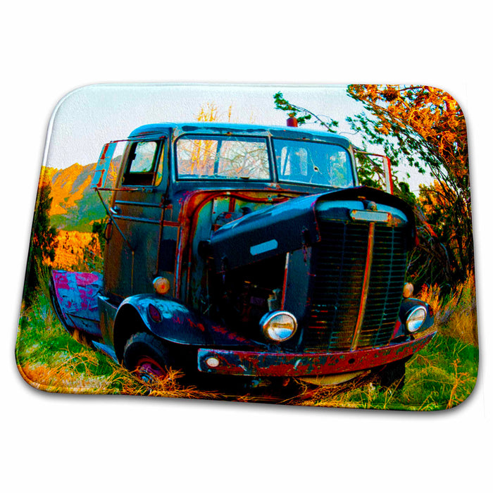 Dish Drying Mat - Old Truck Done in Vibrant Finish of Orange,Red,Blue, Yellow with Sphere Effect and Cracked Windows Realistic