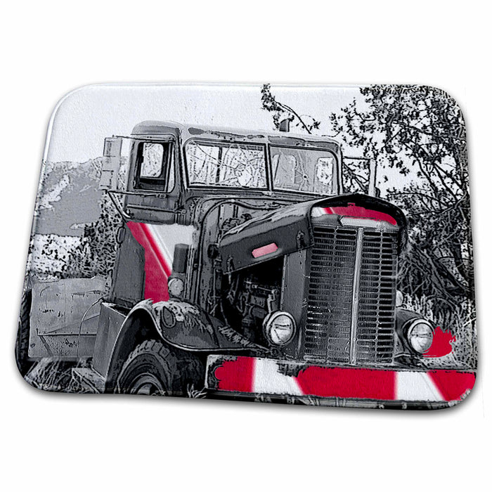 Dish Drying Mat - Old Truck Done in Black and White Finish with Red and White Stripes Added to Parts for Interest Realistic