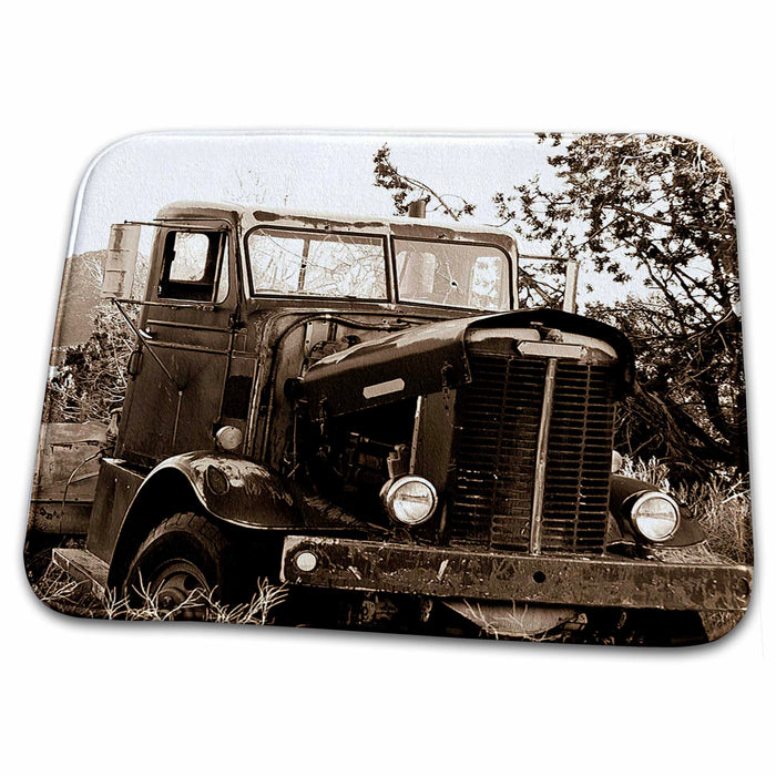 Dish Drying Mat - Old Truck Done in SepiFinish with Trees in Back and Cracked Windows in Front Realistic