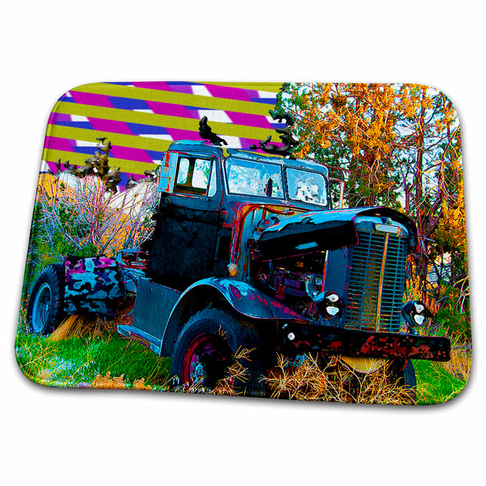 Dish Drying Mat - Old Truck with Finish in Gold, Pink, Purple and Green Stripes With Sphere and Posturized Bumper Realistic