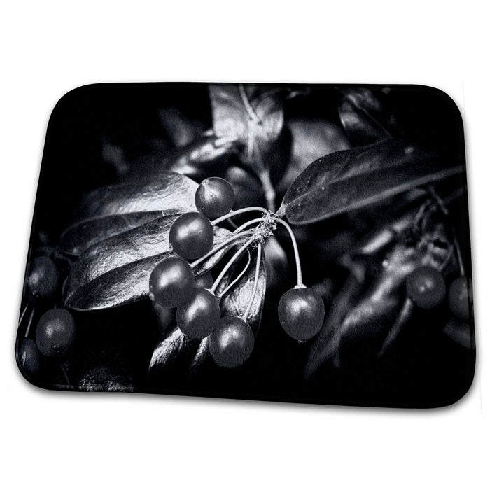 Dish Drying Mat - Black and White Holly Leaves with chrome art design Fine Art