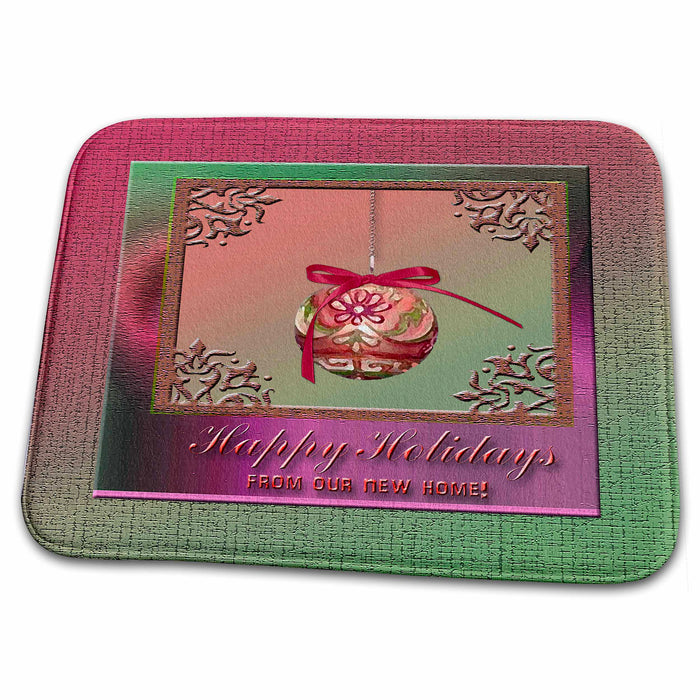 Dish Drying Mat - Flowered Ornament in Elegant Frame, Happy Holidays, Pink and Green, from our new home Christmas Design