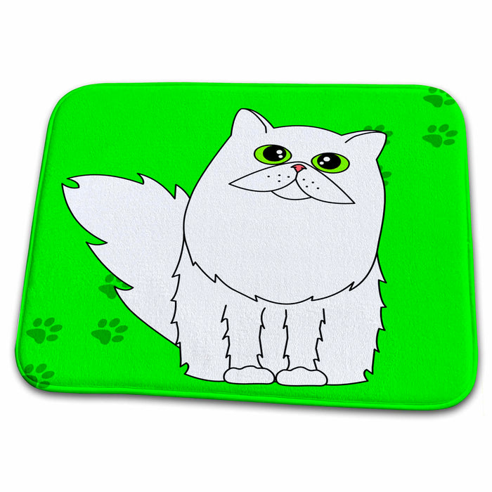 Dish Drying Mat - White Green Eyed Long-haired / Persian Cat Paw-print Designs Cats