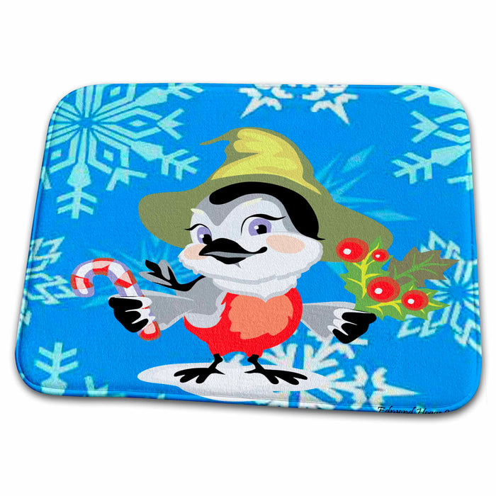 Dish Drying Mat - Bird Holding Holly With Snowflake Background Jr Christmas