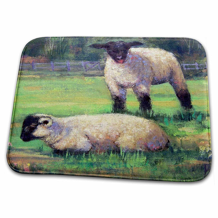 Dish Drying Mat - A pair of white lambs, black faces on a field of green Sheep