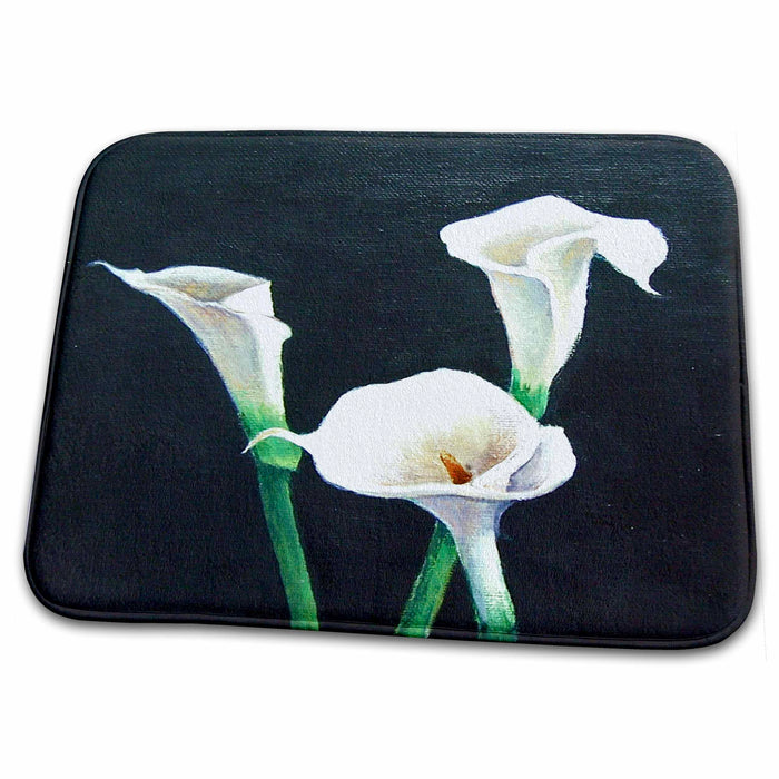 Dish Drying Mat - Graceful white lilies with golden throats on green stems and floating on black. Flower