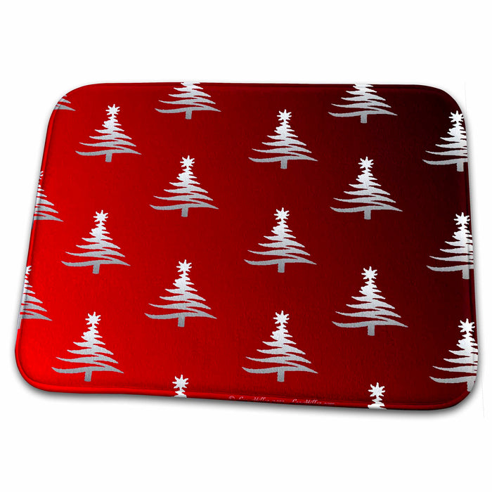 Dish Drying Mat - Christmas Trees Silver on Red Designs Holidays Christmas