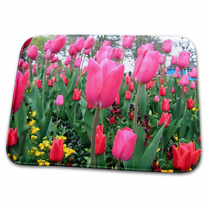 Dish Drying Mat - Painted Garden Tulips In Pink Flowers