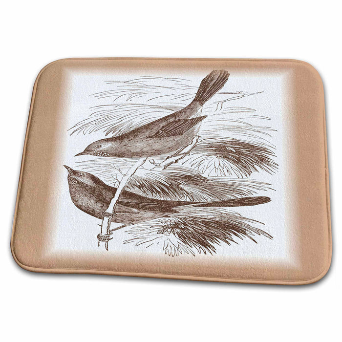 Dish Drying Mat - Vintage Sketch Of Brown Birds In Tree Birds