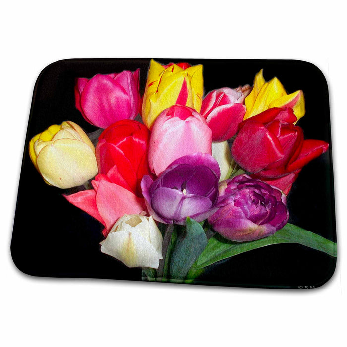 Dish Drying Mat - Multi-colored Tulip Bouquet Flower Designs