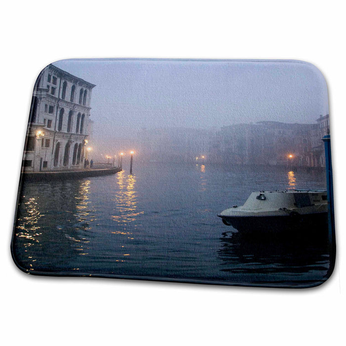 Dish Drying Mat - Italy, Venice. Boat moored on foggy Grand Canal - EU16 BJA0391 - Jaynes Gallery Venice