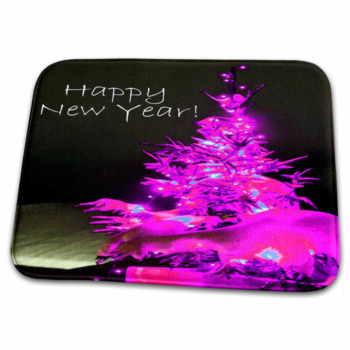 Dish Drying Mat - Pretty Christmas Tree Happy New Year in Pink With White Text Pretty Christmas Tree