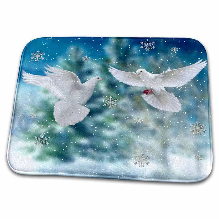 Dish Drying Mat - Beautiful White Doves With Snowflakes And Pine Trees Birds