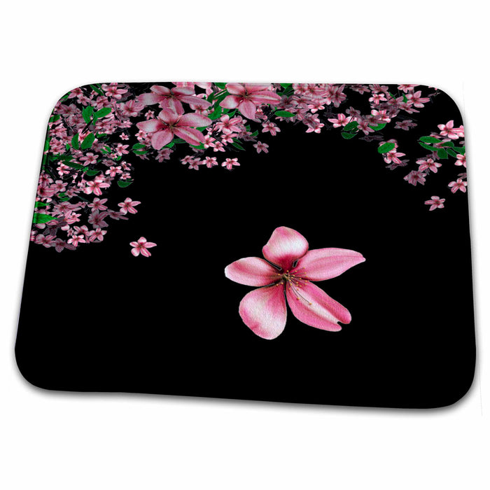 Dish Drying Mat - Pink And White Cherry Blossoms On Black Background Florals