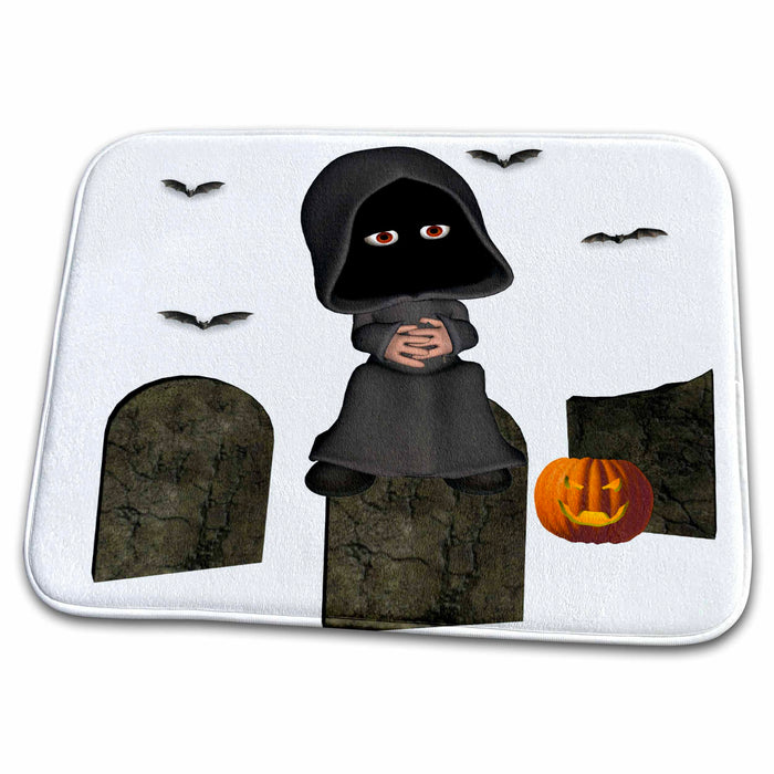 Dish Drying Mat - Toon Grim Reaper With Headstones And Bats Autumn And Halloween