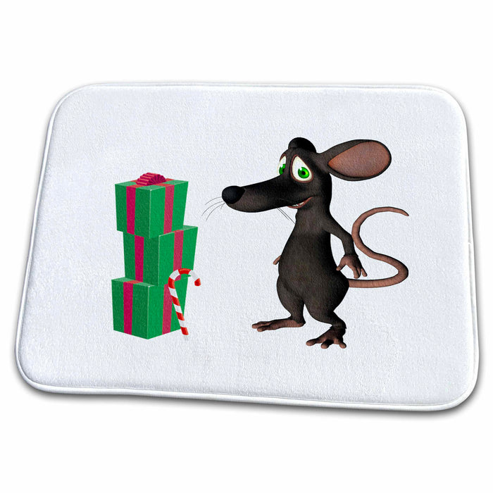 Dish Drying Mat - Toon Mouse With Presents Winter And Christmas