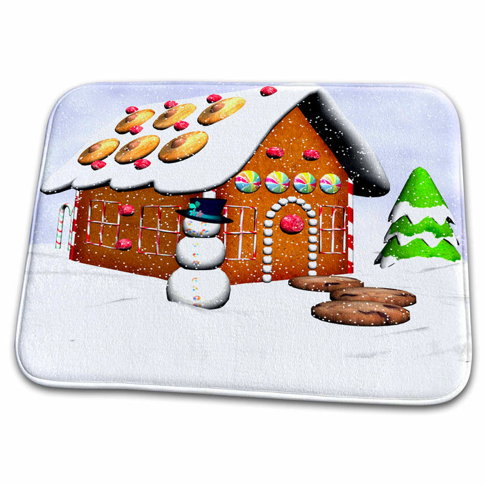 Dish Drying Mat - Gingerbread House With Snowman Winter And Christmas