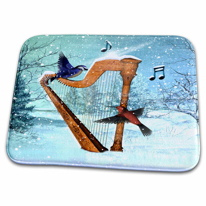 Dish Drying Mat - Bluebird And Hummingbird With A Harp In The Snow And Musical Notes Winter And Christmas