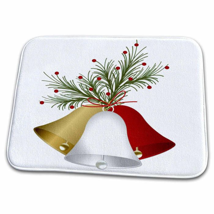 Dish Drying Mat - Christmas Bells in Gold Red and Silver Christmas