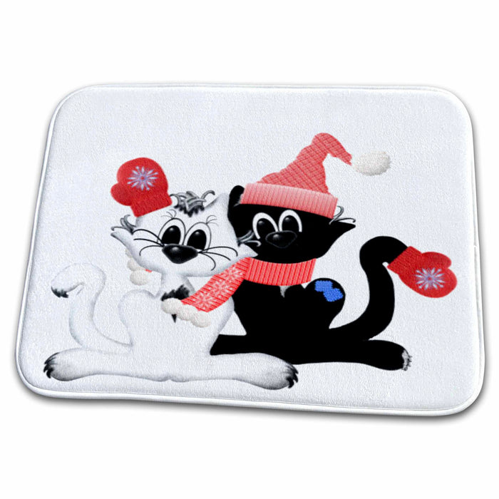 Dish Drying Mat - Kittens in Mittens Black and White Winter