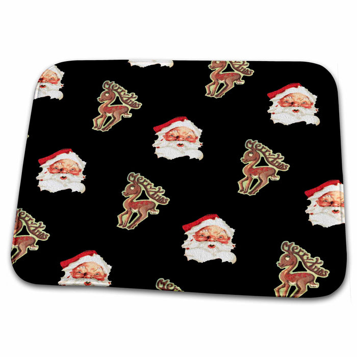 Dish Drying Mat - Santa and Reindeer Against Black Christmas