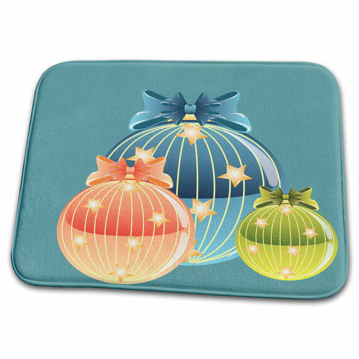 Dish Drying Mat - Blue Orange and Green Glass Ornaments Christmas