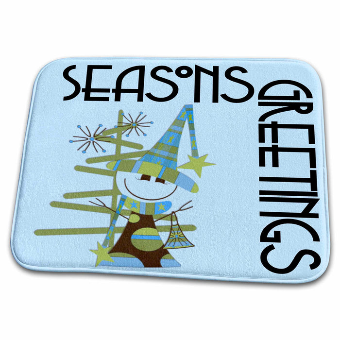 Dish Drying Mat - Blue Snowman Seasons Greetings Holidays