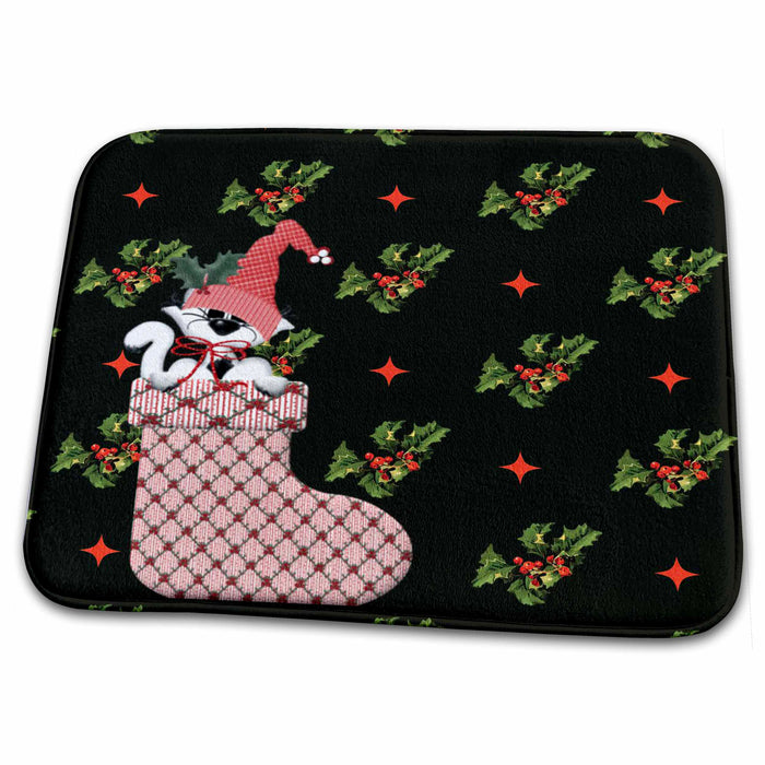 Dish Drying Mat - Cat in a Stocking With Holly Background Christmas