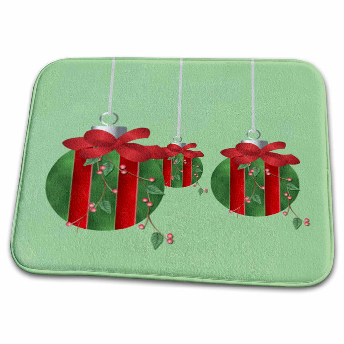 Dish Drying Mat - Three Green and Red Ornaments Christmas