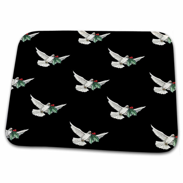 Dish Drying Mat - Christmas Angels in White Against Black Christmas