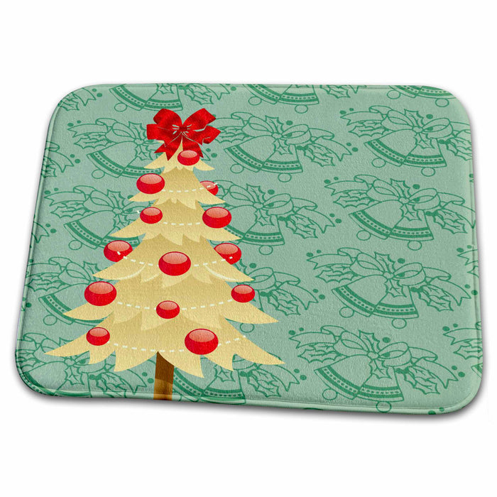 Dish Drying Mat - Golden Christmas Tree Red ornaments and Festive Background Christmas