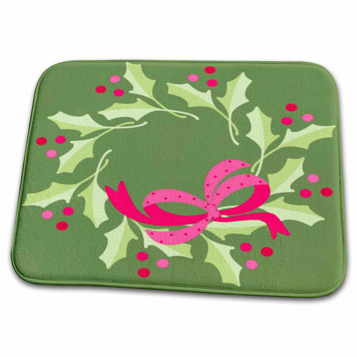 Dish Drying Mat - Green and Pink Christmas Wreath Christmas