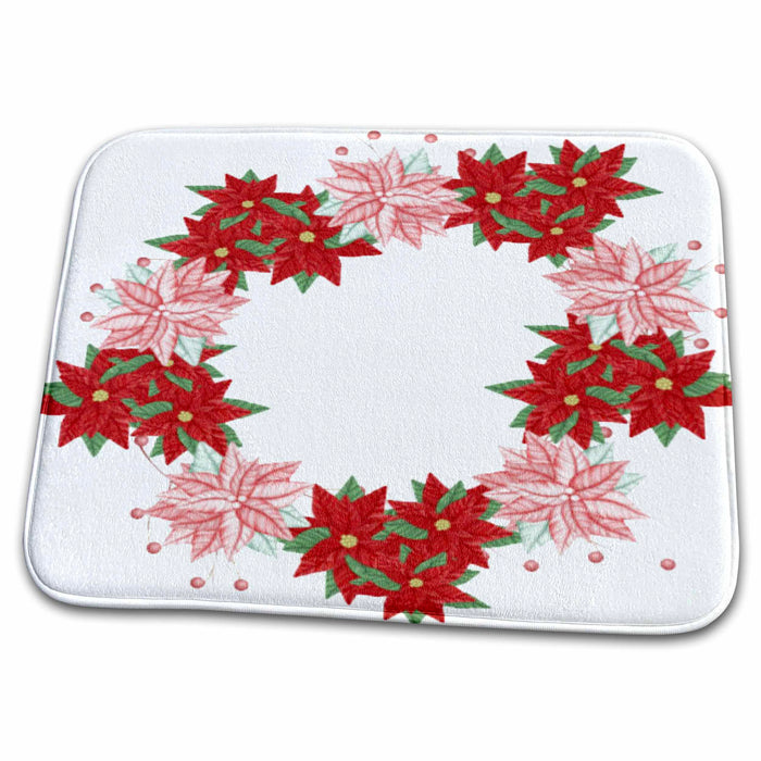 Dish Drying Mat - Peppermint Poinsettia Wreath Christmas