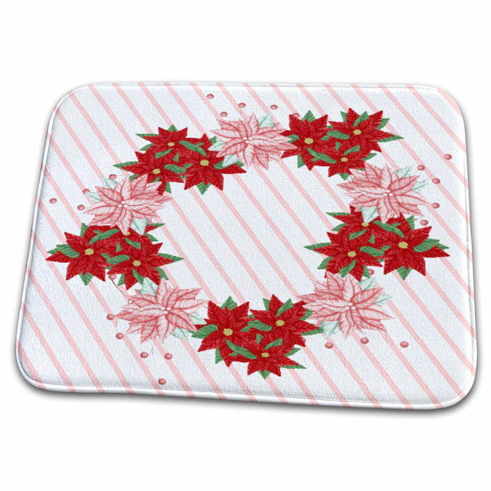 Dish Drying Mat - Peppermint Poinsettia Wreath Striped Background Christmas