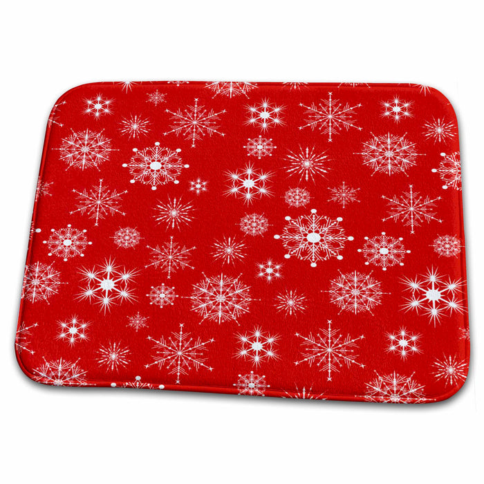 Dish Drying Mat - White Snowflakes Red Background Winter