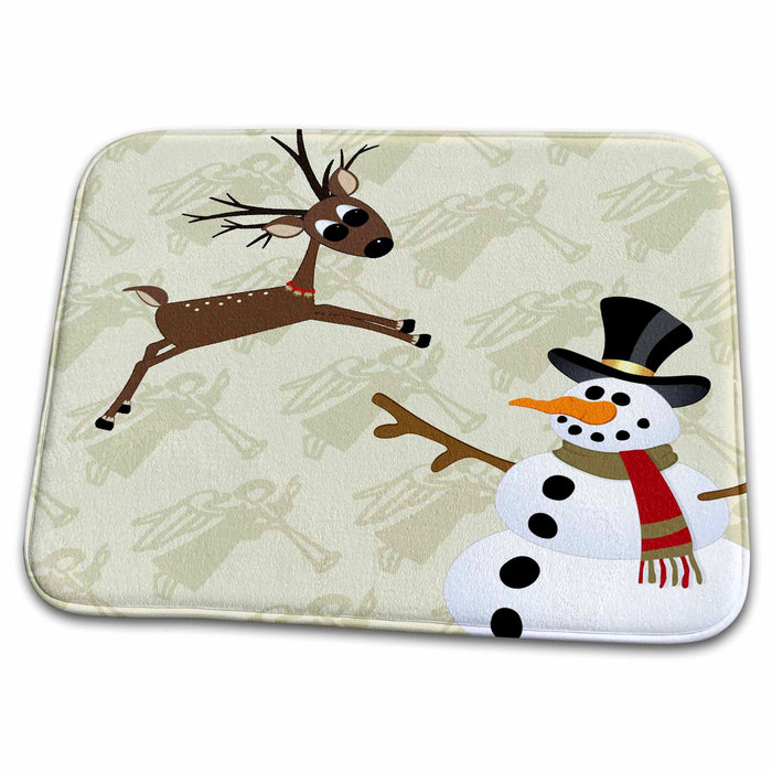 Dish Drying Mat - Jumping reindeer and Snowman Christmas