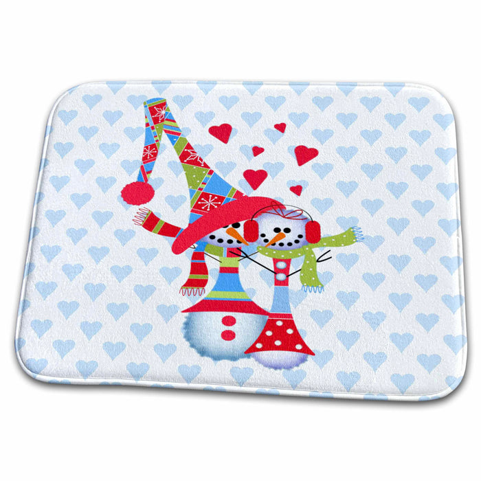 Dish Drying Mat - Snowmen in Love Winter