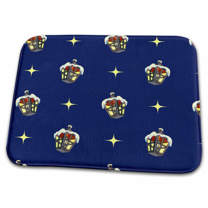 Dish Drying Mat - Stars and Lamps on Blue Christmas