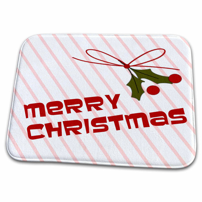 Dish Drying Mat - Merry Christmas Holly on Stripes Christmas