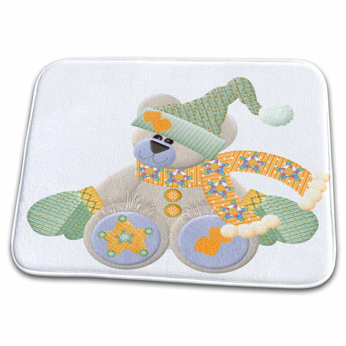 Dish Drying Mat - Teddy Bear in Winter Orange and Green Winter