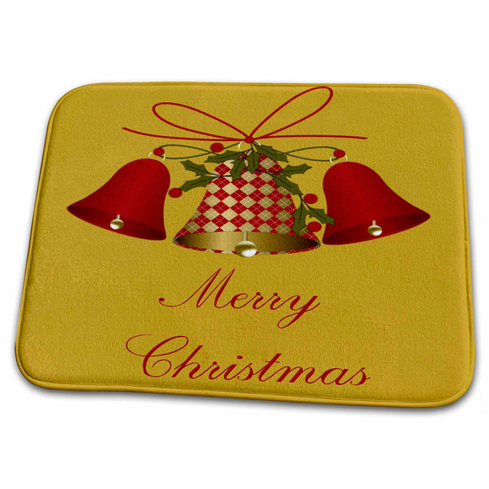 Dish Drying Mat - Christmas Wishes Gold and Red Bells Christmas