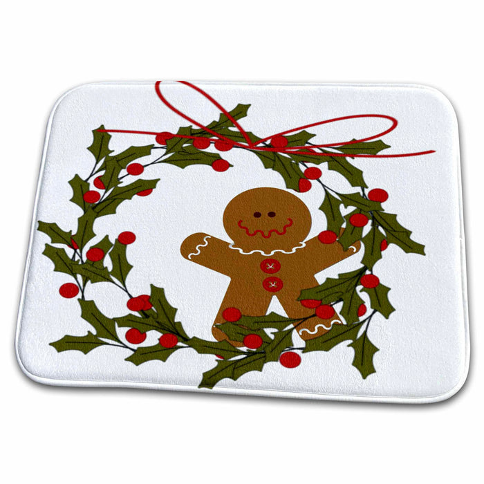 Dish Drying Mat - Wreath With Gingerbread Man and Holly Christmas