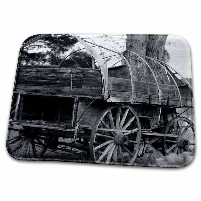 Dish Drying Mat - An old Pioneer wagon on a setting by a tree Black and White