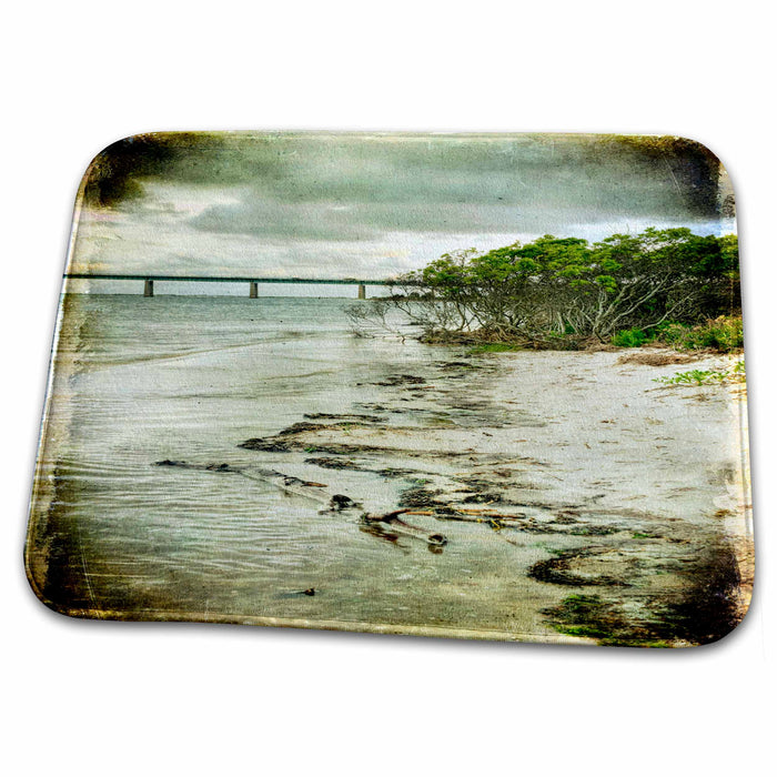 Dish Drying Mat - Beach with green texture part of bridge, sand dunes and trees Sea Scapes