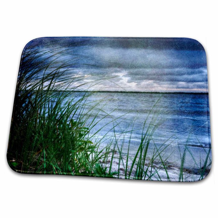 Dish Drying Mat - Beach, water, green bushes, with a blue texture Floral