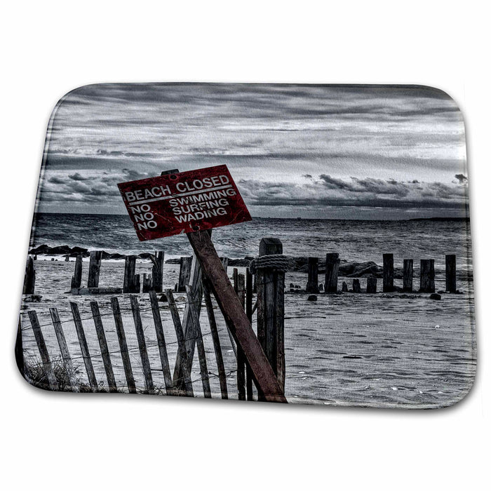 Dish Drying Mat - Beach Closed, black and white, red sign, sand, ocean fence. Sea Scapes